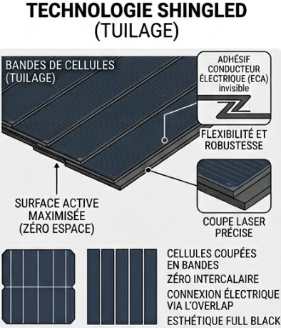 schéma de vulgarisation de l'assemblage d'un panneau solaire PERC technologie Schingled tuilage en français